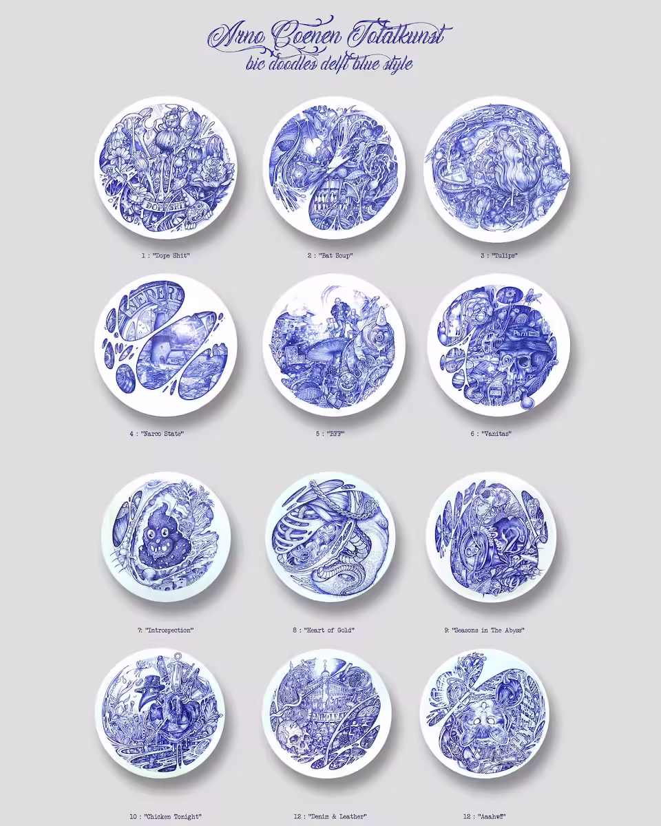 Overview of Delft Blue collector plate series by Arno Coenen