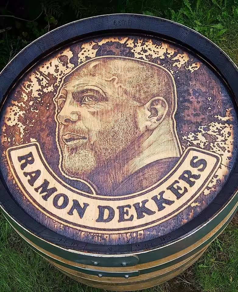 Hand-burned portrait barrel by Arno Coenen